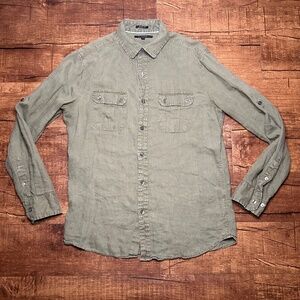 Marc Anthony Shirt Mens M Slim Fit Green 100% Linen Roll Tab Sleeve Military